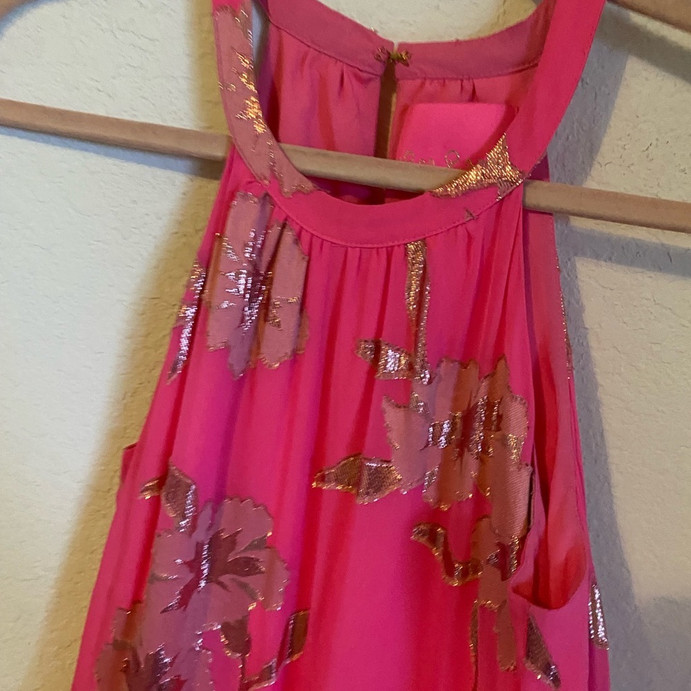LILLY PULITZER Beccalyn Silk Blend Halter Tiered Metallic Pink Maxi Dress XXS - Picture 10 of 15